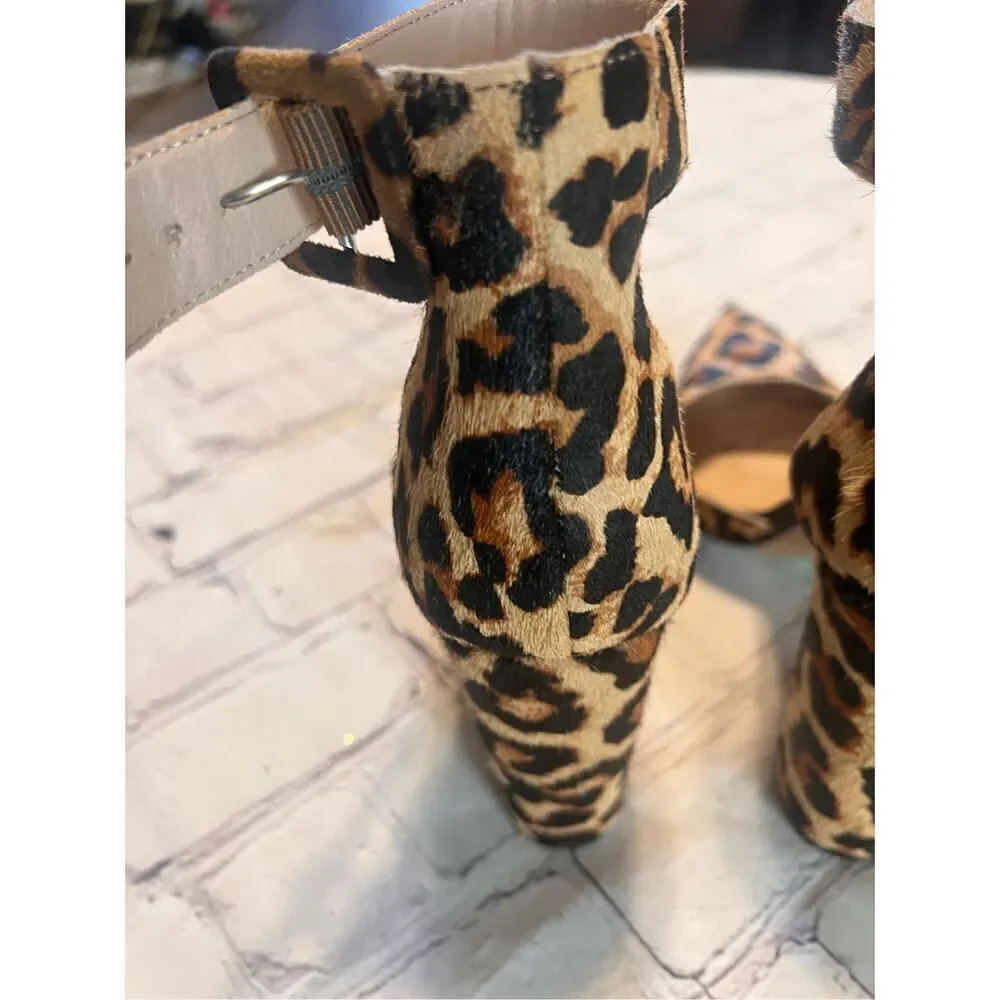 Michael Shannon Size 7.5 Romina Ankle Strap Chunky Heels Cheetah Print Cocktail
